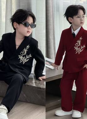 男童新中式绣花西装套装帅气古风唐装汉服儿童小西装两件套演出服