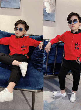 儿童冬季年货毛衣男童韩版大红色针织衫过年服2021新中大童假两件