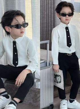 秋冬新款韩版儿童男童加绒白色衬衫假领带长袖百搭学生装衬衣