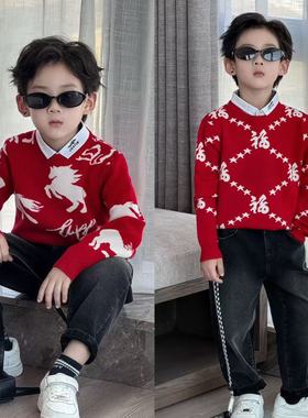 男童红色本命年毛衣秋冬童装生肖图案中大童假两件针织衫儿童上衣