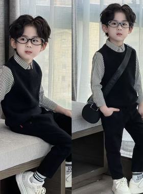 男童假两件毛衣2025新款儿童春秋针织衫马甲中大童装休闲上衣潮酷
