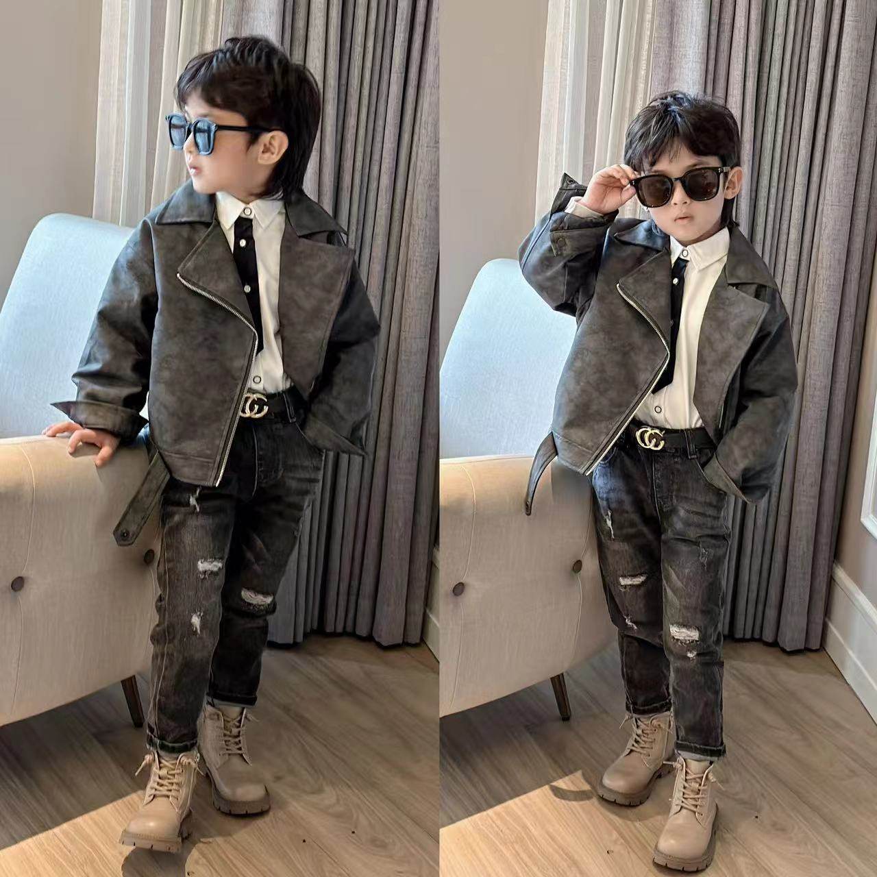 男童外套冬装新款潮酷男孩机车风儿童皮衣夹棉帅气中大童扎染上衣