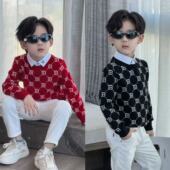 红色高级感上衣 假两件针织衫 童装 2025年货毛衣中大男童秋冬新款