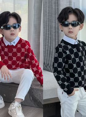 童装2025年货毛衣中大男童秋冬新款假两件针织衫红色高级感上衣