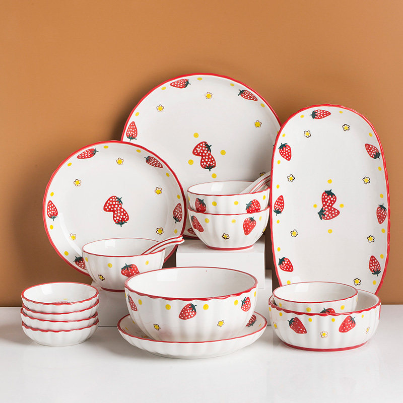 北欧碗盘陶瓷餐具套装可爱草莓沙拉碗糖果色平盘家用米饭碗大汤碗,餐饮具,盘,淘宝优惠券,粉丝福利购,淘宝优惠卷