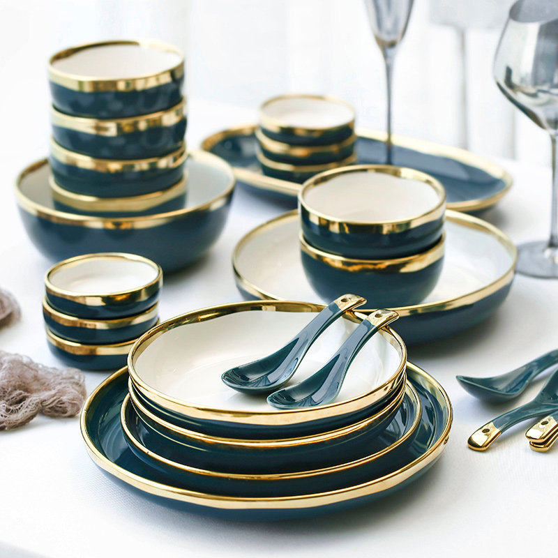 ins金边盘子陶瓷餐具家用碗盘组合欧式简约牛排盘菜盘汤盘米饭碗,餐饮具,盘,淘宝优惠券,粉丝福利购,淘宝优惠卷