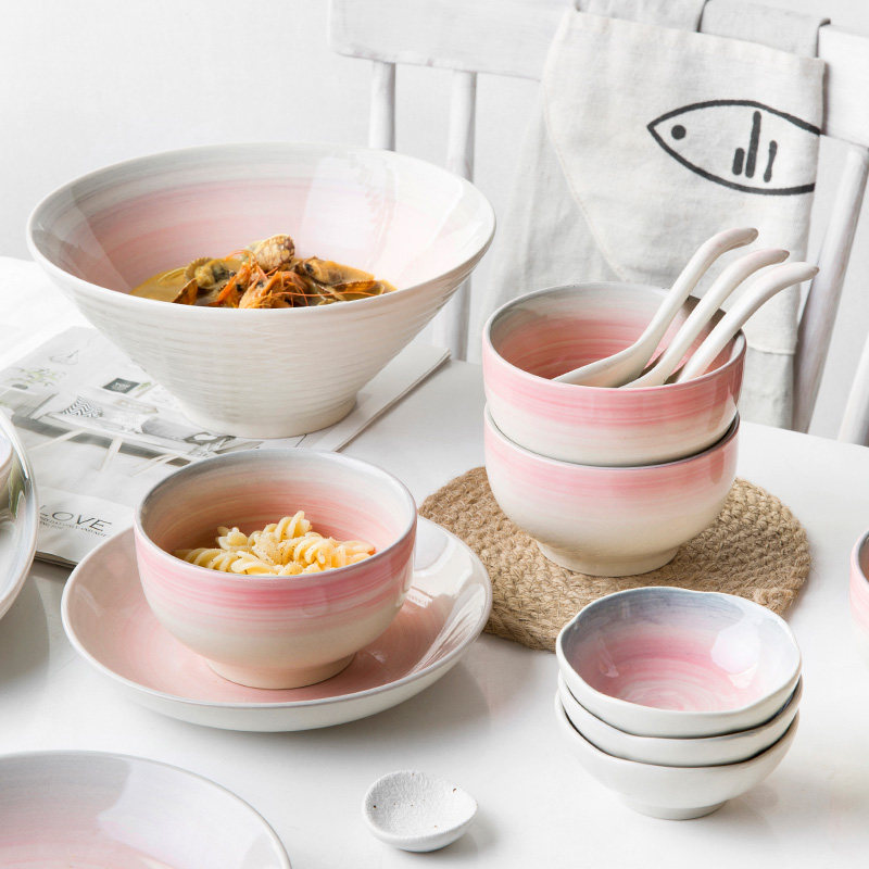 北欧陶瓷餐具套装印象粉色餐具家用大鱼盘拉面碗米饭碗大汤勺饭盘,餐饮具,盘,淘宝优惠券,粉丝福利购,淘宝优惠卷