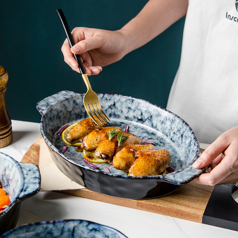 耐热家用烘焙陶瓷烤盘耳烤箱烤碗椭圆形芝士烤盘大号鱼盘汤盘