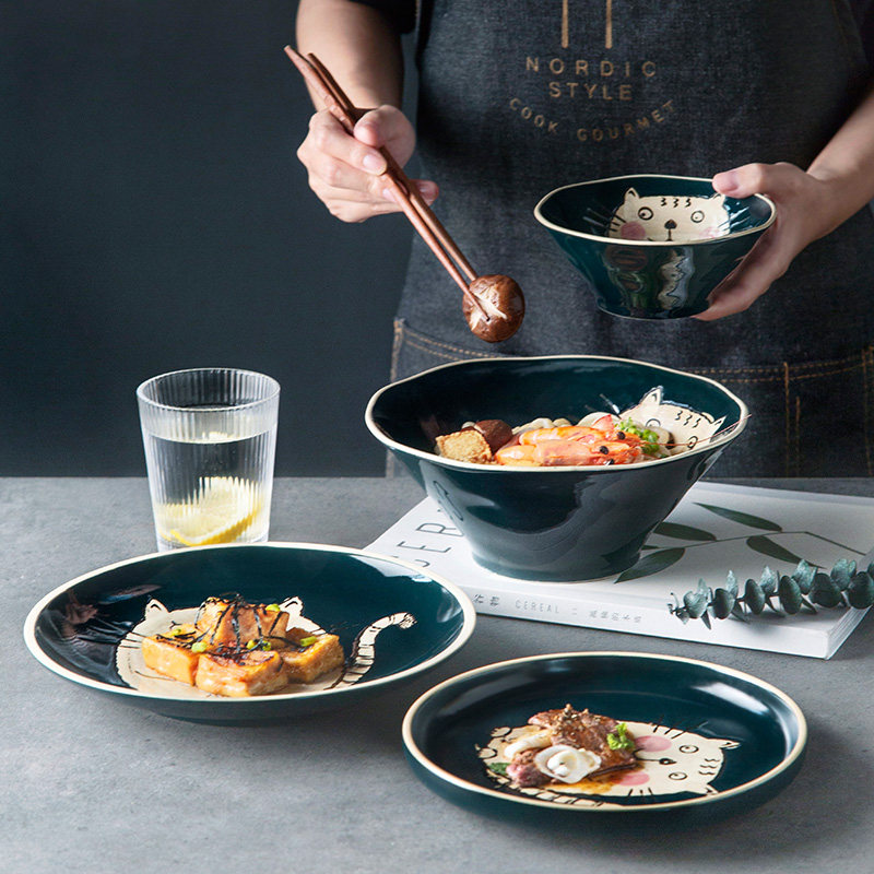 北欧ins卡通猫咪陶瓷餐具家用碗盘碗碟米饭碗牛排盘汤盘沙拉面碗,餐饮具,盘,淘宝优惠券,粉丝福利购,淘宝优惠卷