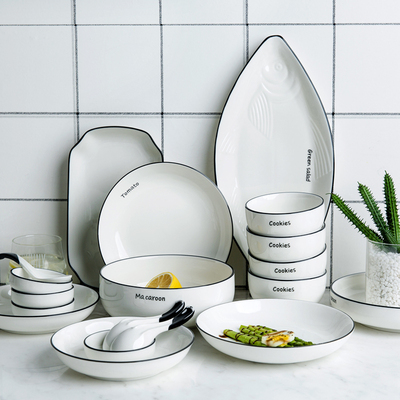 简约线条纹陶瓷餐具北欧黑白家用碗盘线圈几何大号新款鱼盘大汤碗