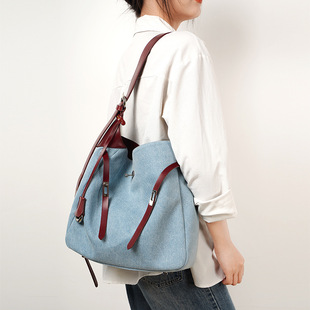 头层牛皮配牛仔布王菲同款新款HOBO托特包肩斜挎包大容量通勤包