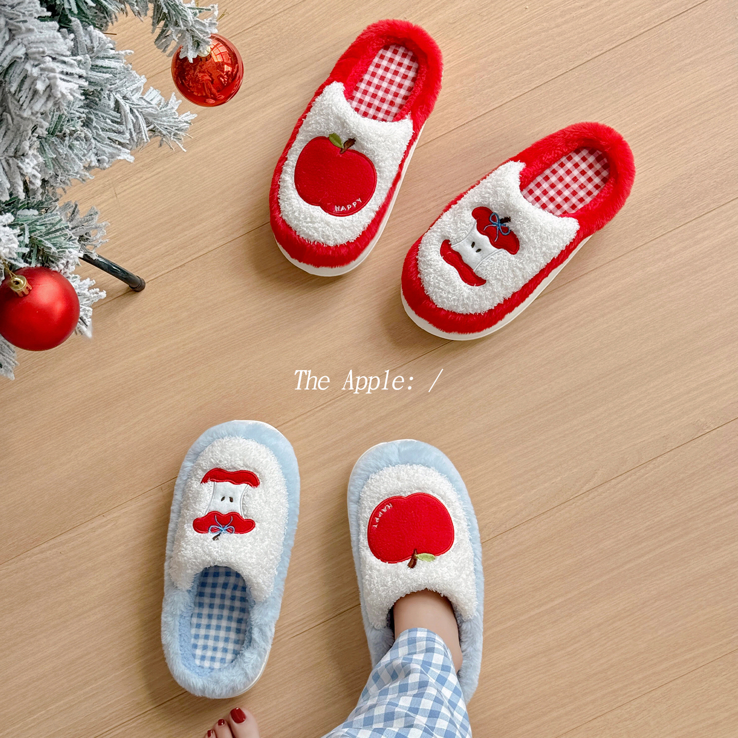 2025新款少女红苹果毛毛拖鞋保暖