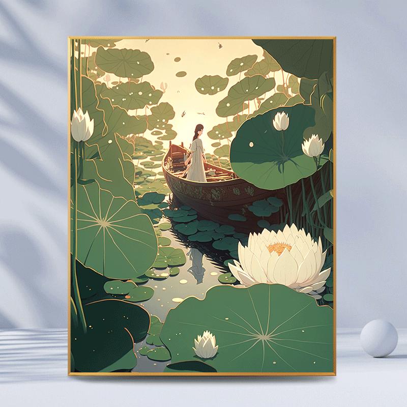 荷花|数字油画diy手工绘画画填充填色儿童减压治愈丙烯油彩装饰画