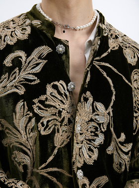 FNGISED秋冬新品高级感复古绿色丝绒外套时尚新中式刺绣花中山装