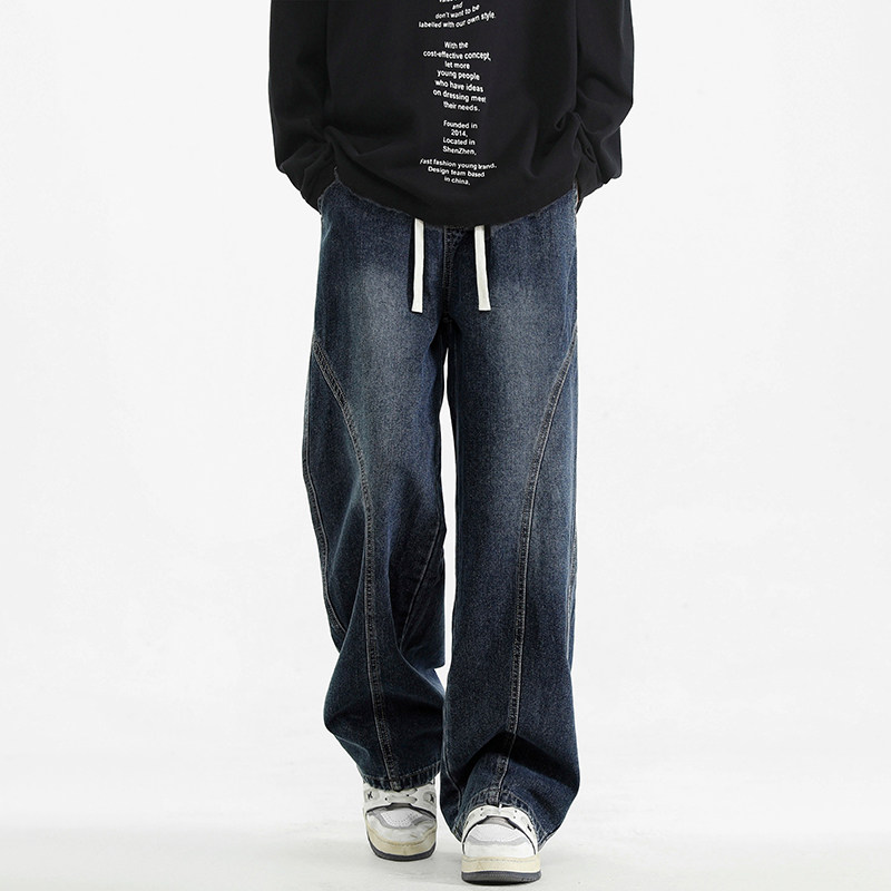 秋冬季弯刀牛仔裤男宽松男士新款休闲裤长裤加绒直筒裤美式裤子