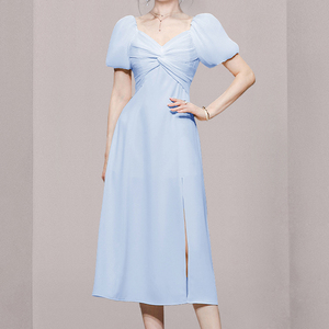 RM5419#夏季女装气质甜美通勤收腰显瘦短袖天蓝色中长款连衣裙