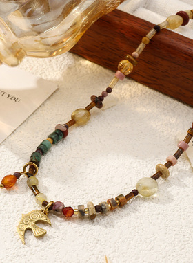 英国Cherry Kitty燕归来~琥珀复古阿拉善石彩色串珠项链民族风