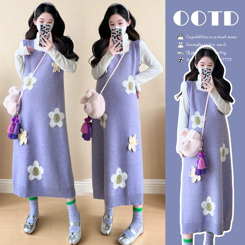 法国chrry koop孕妇连衣裙女秋甜美气质花朵设计感长款毛衣背心