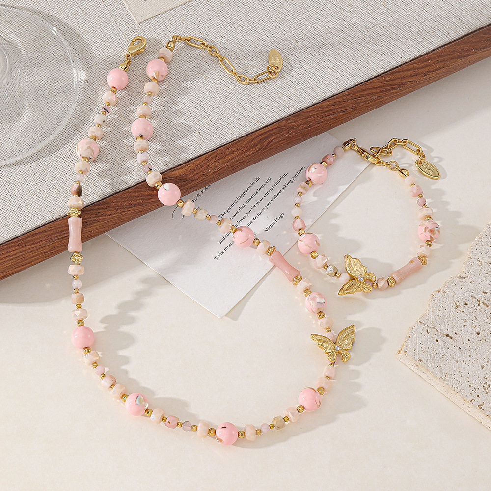 英国cherry kitty新款粉澳宝蝴蝶锁骨链串珠项链手链女夏季