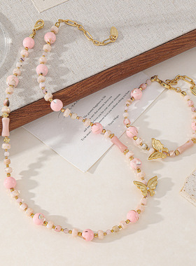 英国cherry kitty新款粉澳宝蝴蝶锁骨链串珠项链手链女夏季