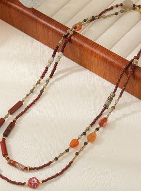 英国Cherry Kitty民族风红玛瑙复古串珠项链女长款毛衣链新中式