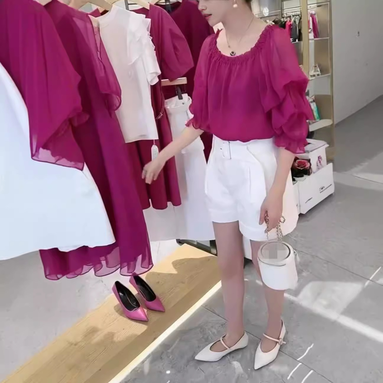 英国cherry kitty新款木耳边玫红色雪纺上衣高腰阔腿短裤女装