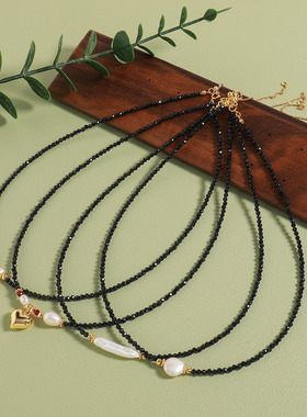 英国cherry kitty925银黑尖晶淡水珍珠串珠项链爱心吊坠锁骨链