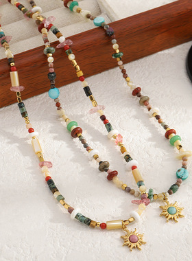 英国cherry kitty新款复古民族非洲松珊瑚石串珠项链原创红石花