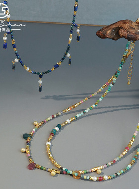 英国Cherry Kitty新中式复古多层叠戴碧玺青金石串珠项链小众