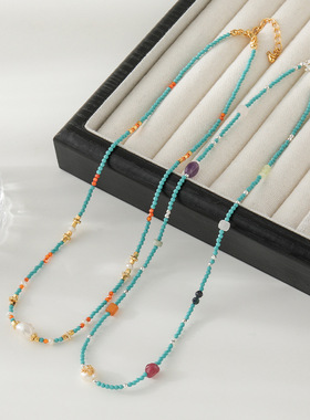 英国cherry kitty新款多巴胺淡水珍珠手工串珠项链彩色石锁骨链