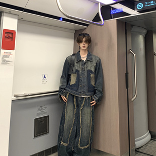 Med老叔 复古街头做旧水洗毛边拼接牛仔夹克外套两件套潮 早秋美式