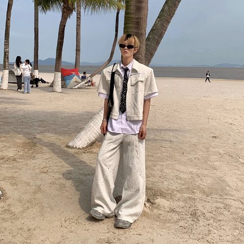 柳钉装饰夏季短袖夹克男套装