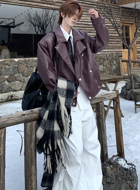 Med老叔 小众解构高定重工假两件设计感短款双排扣PU皮衣夹克外套