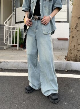 拉链长裤水洗四季三杠条纹牛仔裤