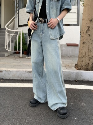 拉链长裤水洗四季三杠条纹牛仔裤