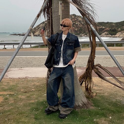 复古水洗垫肩短袖牛仔外套男