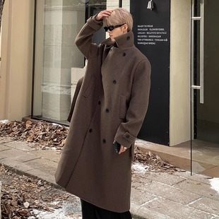 Med老叔 韩系秋冬季中长款加厚纯色呢子外套休闲宽松毛呢垫肩大衣