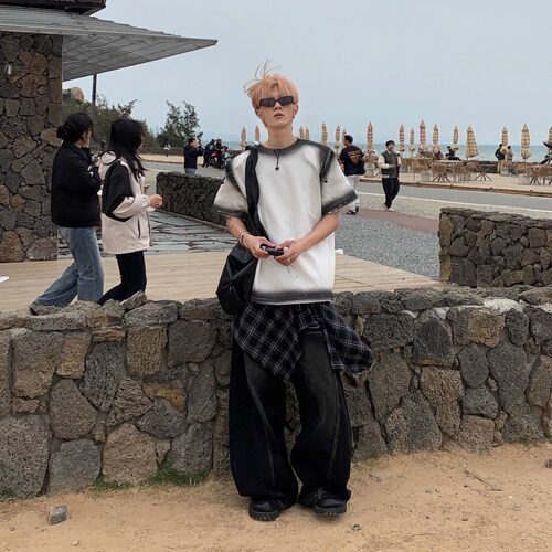 喷绘异色抽绳装饰夏短袖T恤