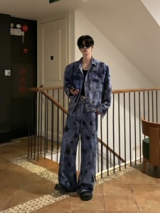 Med老叔 美式潮牌涂鸦牛仔外套男高街痞帅垫肩夹克男生短款上衣潮