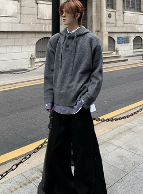 Med老叔灰色拼接连帽毛衣男女秋冬复古套头针织衫慵懒风宽松外套