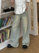 百搭男女韩系复古磨白宽松直筒收腰显瘦阔腿牛仔裤 Med老叔 24新款