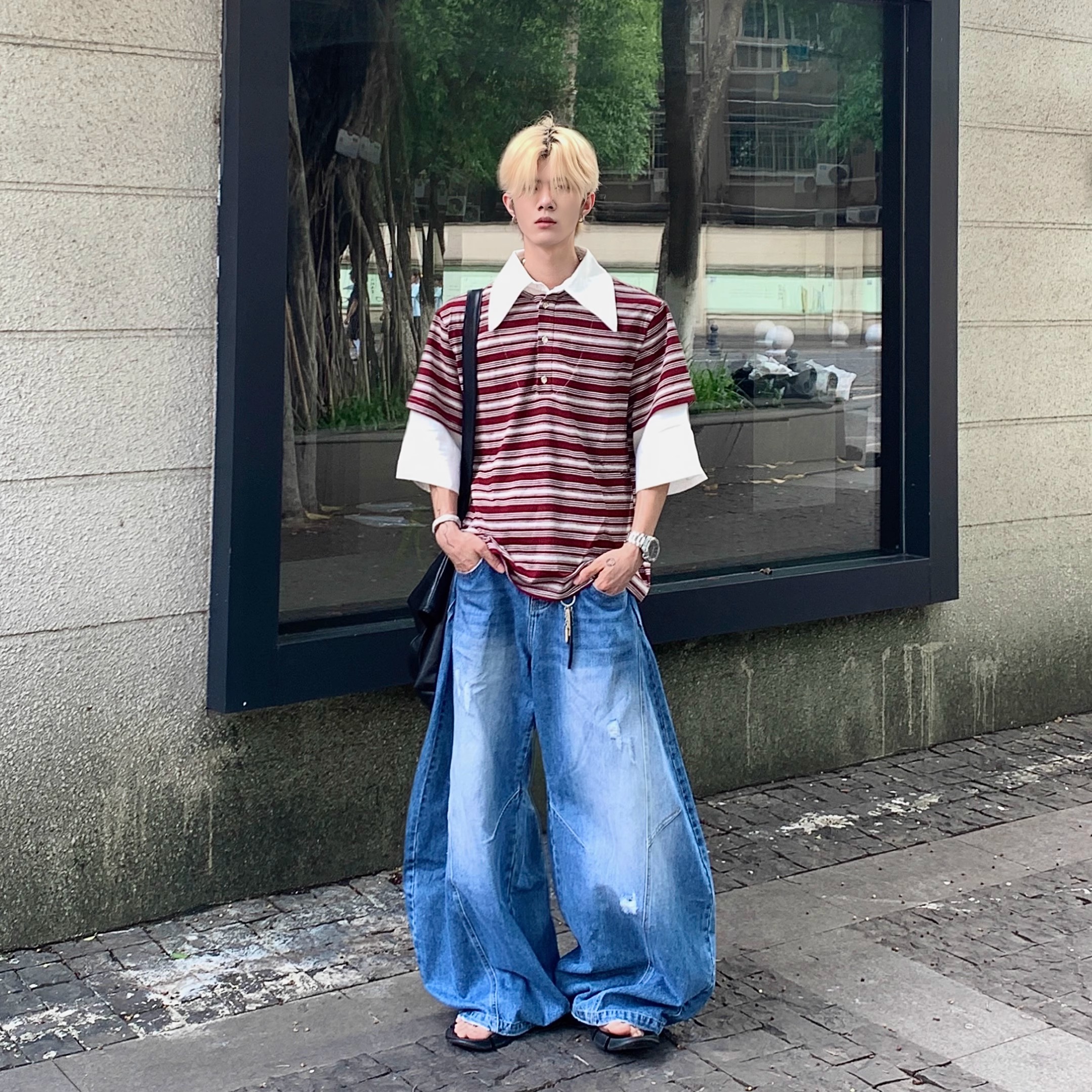 复古条纹短袖T恤男拼接衬衫