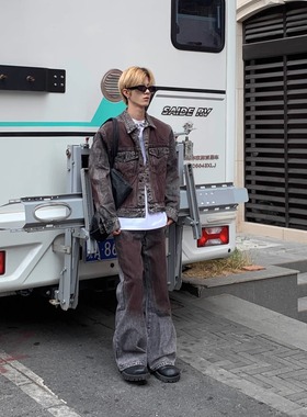 Med老叔 小众美式复古做旧水洗牛仔外套男装高级紫色夹克牛仔套装