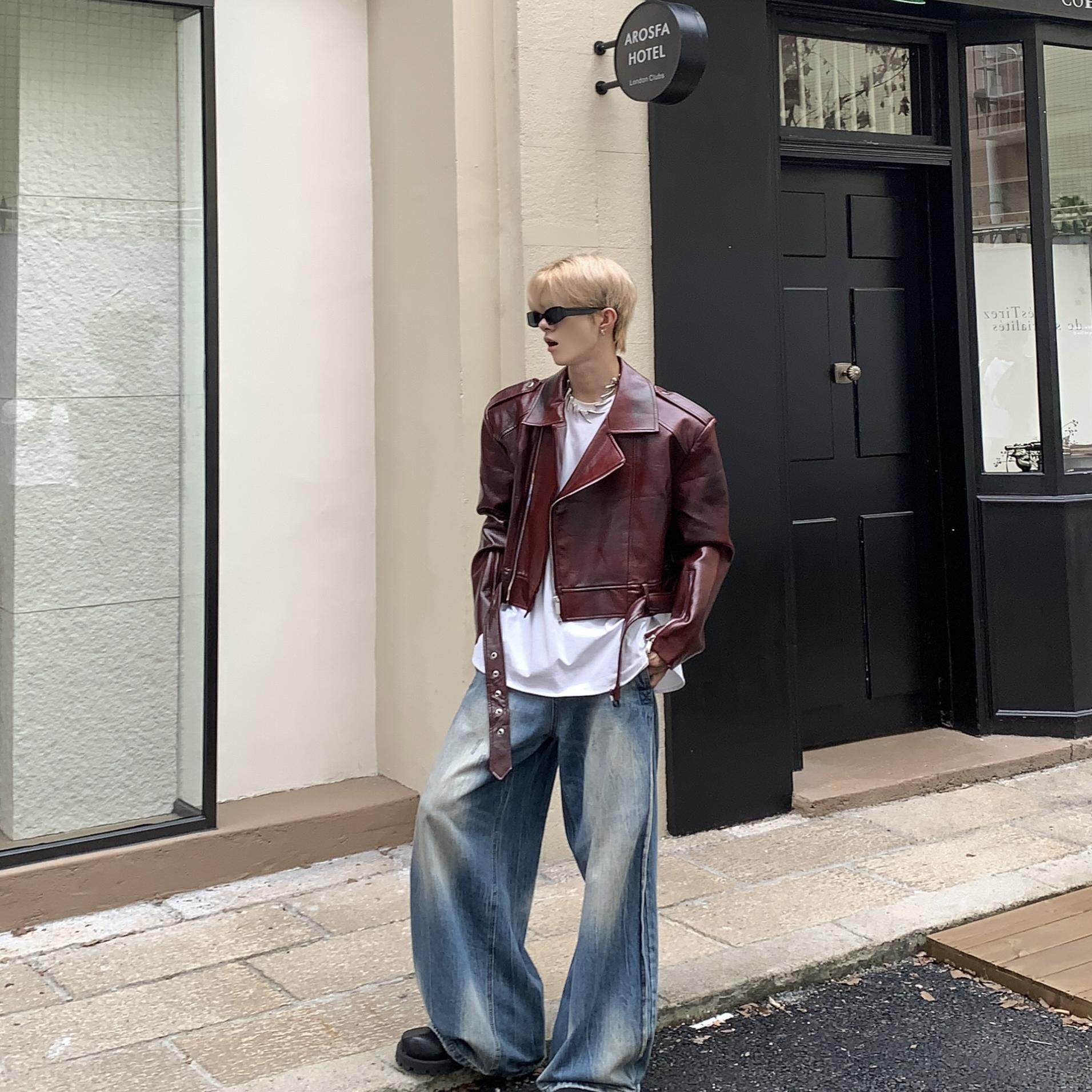 Med老叔24/AW原创重工柳钉安哥拉红高级感PU皮机车夹克外套男女潮,男装,皮衣,淘宝优惠券,粉丝福利购,淘宝优惠卷