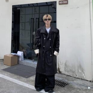 Med老叔 秋冬高级感pu皮双排扣长大衣宽松潮流痞帅过膝风衣外套潮