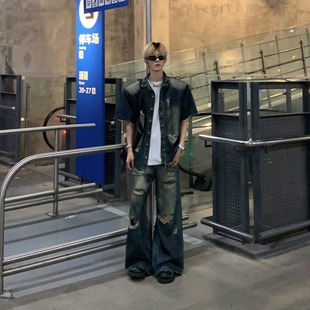 男痞帅宽松休闲长裤 Med老叔 牛仔衬衣套装 复古水洗破洞短袖 潮 夏季