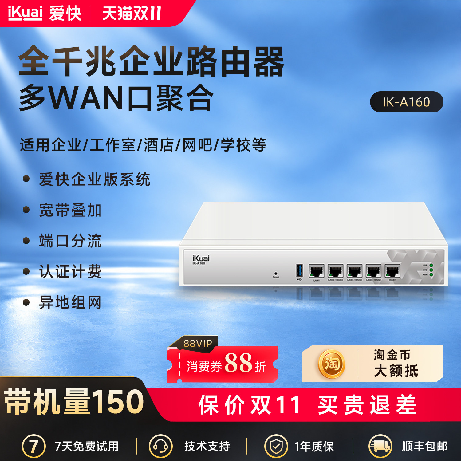 爱快企业级有线路由器5口高速千兆网关2.5G多WAN口宽带叠加行为管理远程办公ac+ap组网支持IPv6 A160
