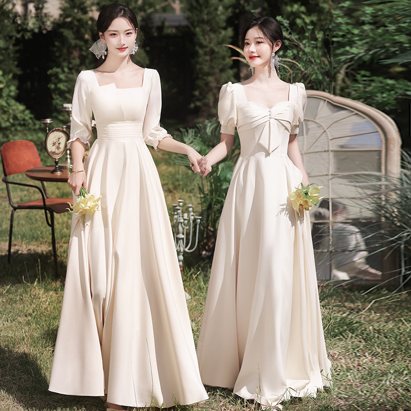 伴娘服2024新款姐妹团香槟色缎面裙高级感小众平时可穿长袖礼服女