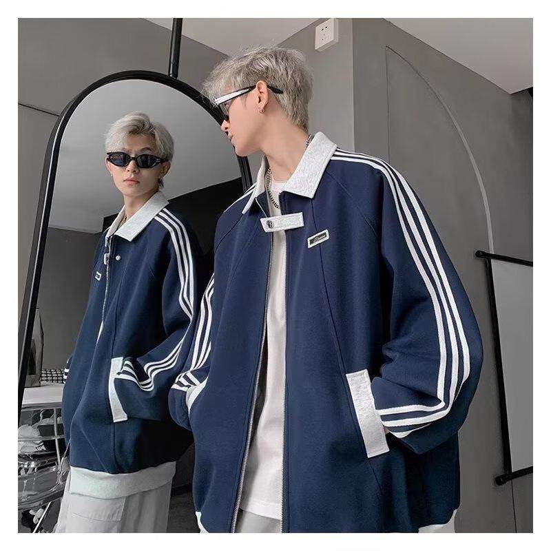 美式拼接运动夹克男生春秋重磅三条杠开衫卫衣潮牌翻领棒球服外套