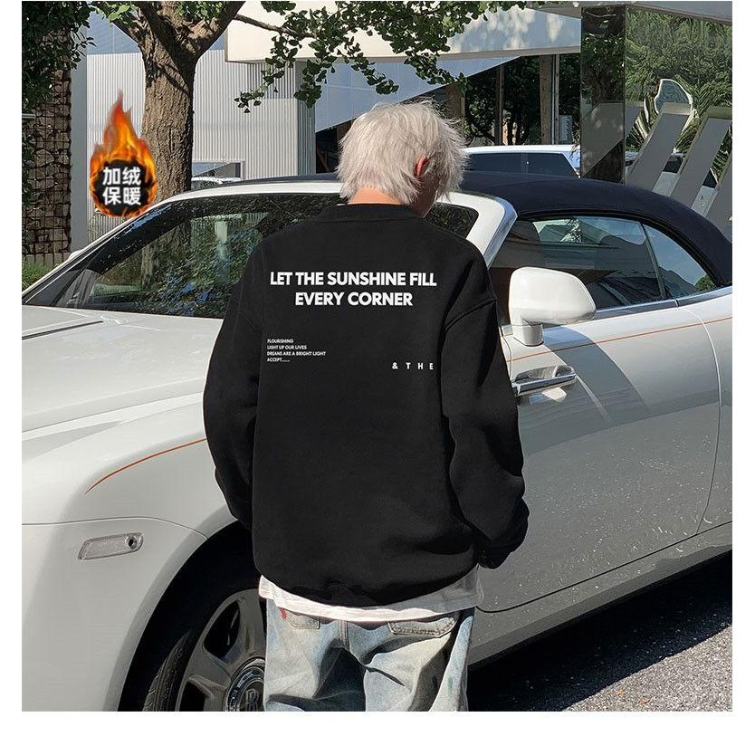 重磅加绒圆领卫衣男潮牌美式复古字母印花卫衣男无帽校服内搭